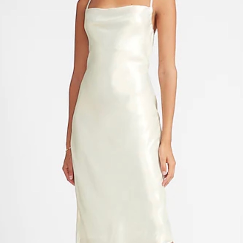 Express metallic cowl neck cross back midi dress